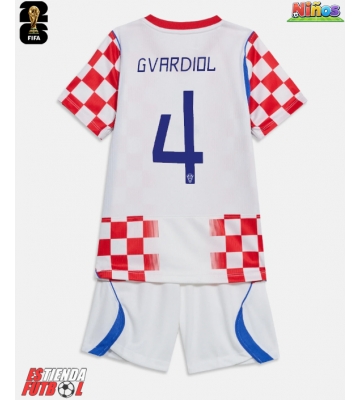 Croacia Josko Gvardiol #4 Primera Equipación Niños Mundial 2026 Manga Corta (+ Pantalones cortos)